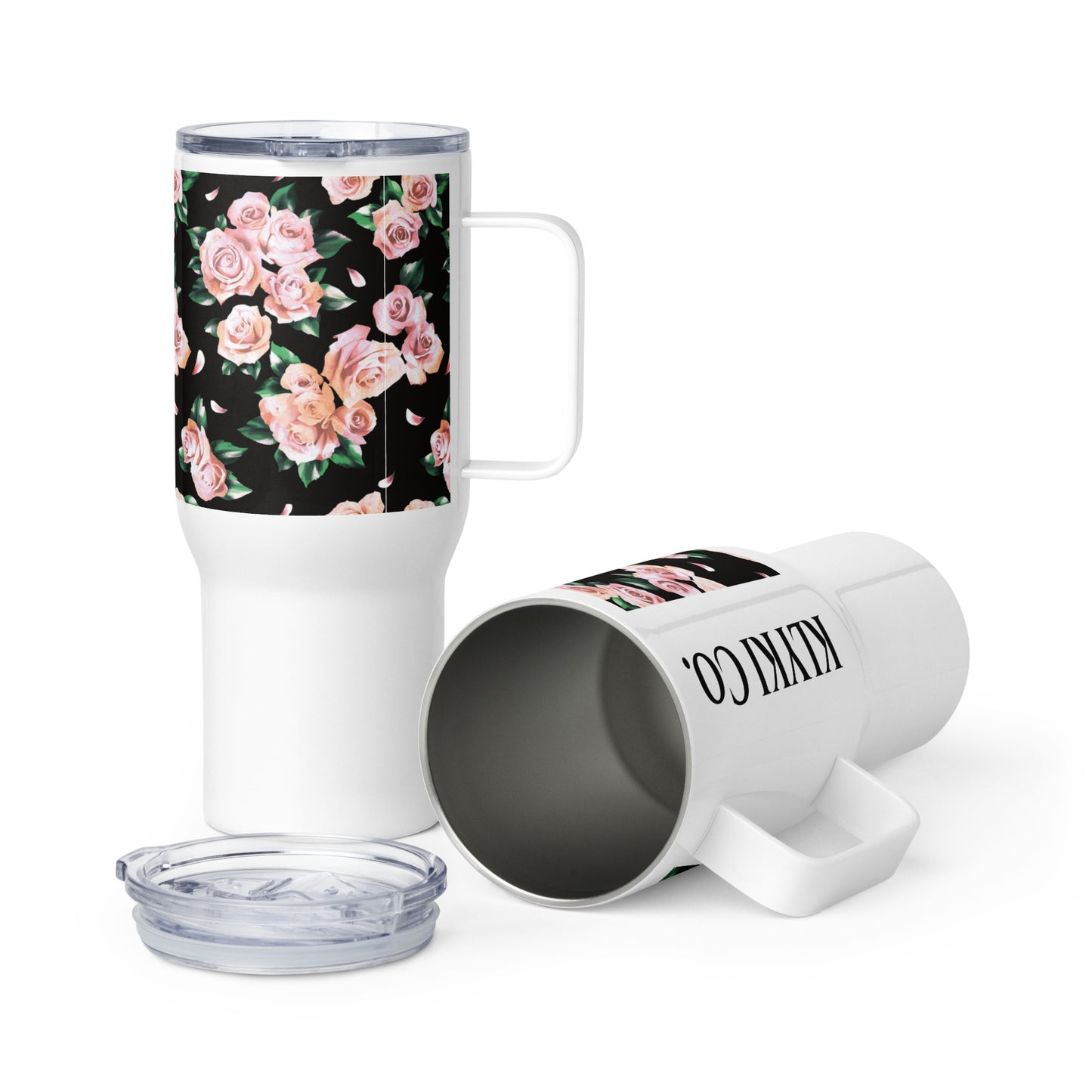 Pink Posey Travel mug with a handle